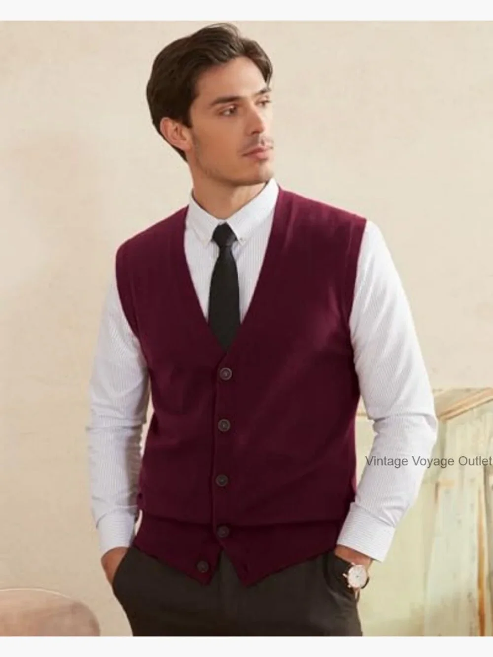 Men's Wool Blend V-Neck Button Sleeveless Cardigan Vest